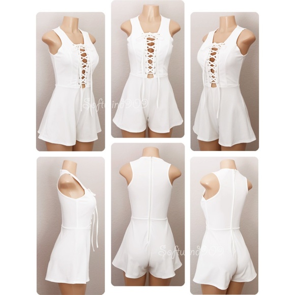 Ivory White Plunge Laced Up Stretchy Sexy Romper - Picture 4 of 8
